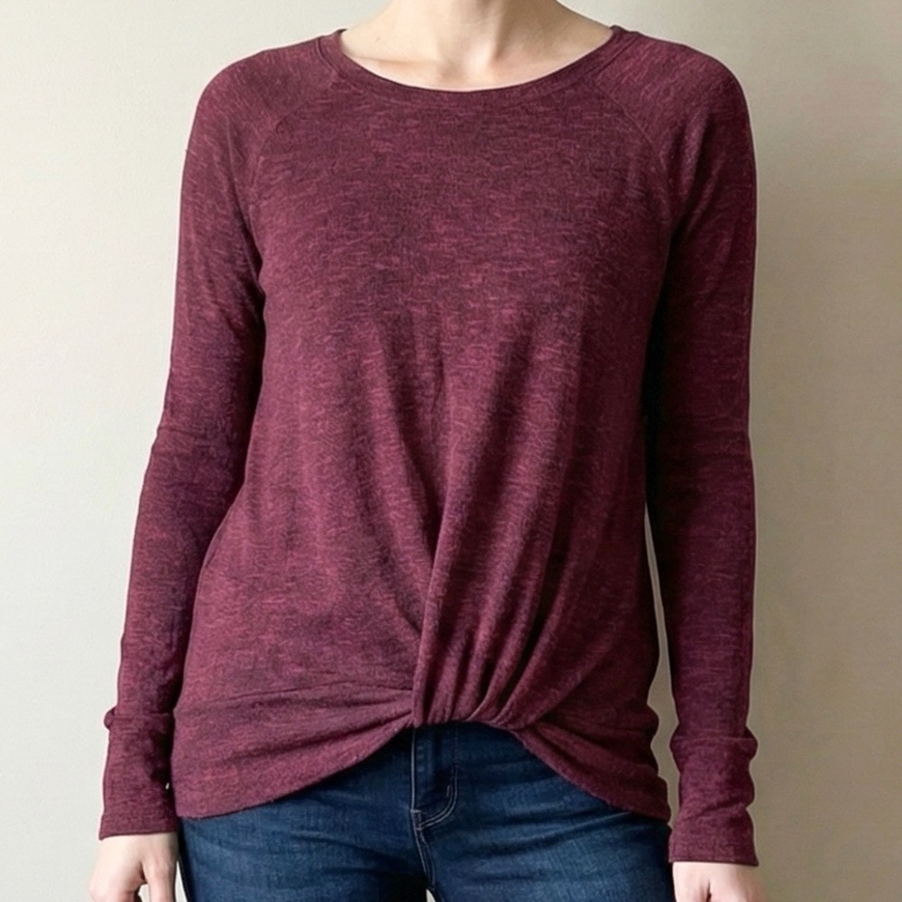 Juicy Couture Burgundy Twist Front Knot Hem Long Sleeve Sweater Top Heathered S